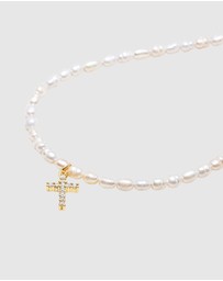 Nialaya Jewellery - Men's Mini Pearl Choker with Cross