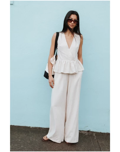 Petal & Pup - Lorrie Wide Leg Linen Blend Pants - Oatmeal