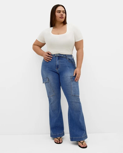 City Chic - Plus size Harley Fit Cargo Flare Leg Jean - mid wash