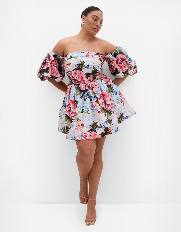 City Chic - Plus size Rosa Garden Print Puff Sleeve Mini Dress - sky blue