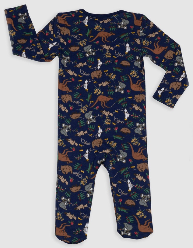 B Free Intimate Apparel - Baby Snap Button Sleepsuit with Booties - 100% Organic Cotton - Navy Native Aussie Animals