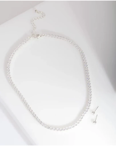 Lovisa - Silver Cubic Zirconia Earrings & Tennis Necklace Set