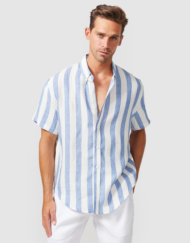 Vacay Swimwear - S/S Blue Stripe Linen Shirt
