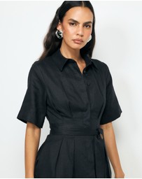 Revibe - Repaired AERE Orien Tuck Waist Linen Shirt Dress - AU 10