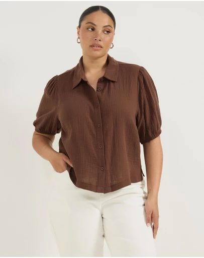 Atmos&Here Curvy - Crinkle Cotton Puff Short Sleeve Top