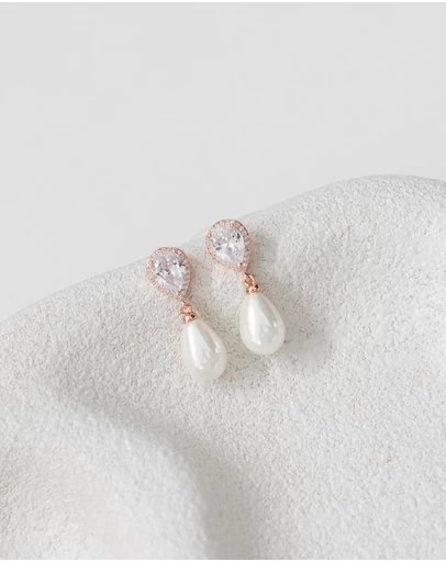 The White Collection - Sara - Rose Gold Pearl Bridal Earrings