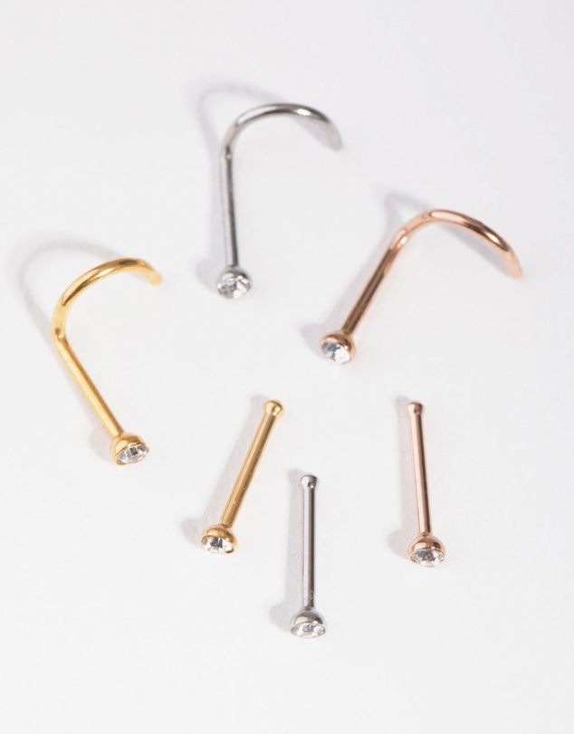 Lovisa - Mixed Metals Diamante Nose Stud 6-Pack
