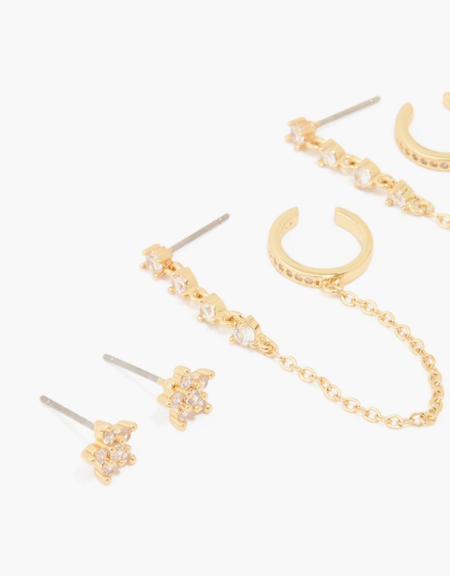 Lovisa - Gold Plated Brass Cubic Zirconia Stud & Chain Earrings 3-Pack