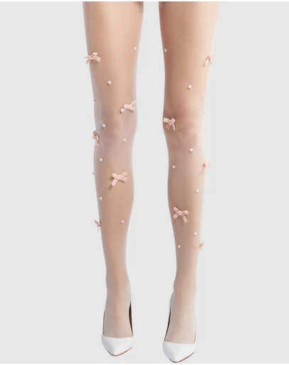 High Heel Jungle - Velvet Bow Pearl Tight -Pink/ White