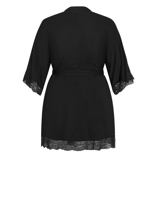 City Chic - Plus size Gizelle Lace Trim Sleep Robe - black