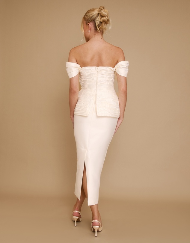 Six Stories - Gathered Bardot Peplum Midi Dress