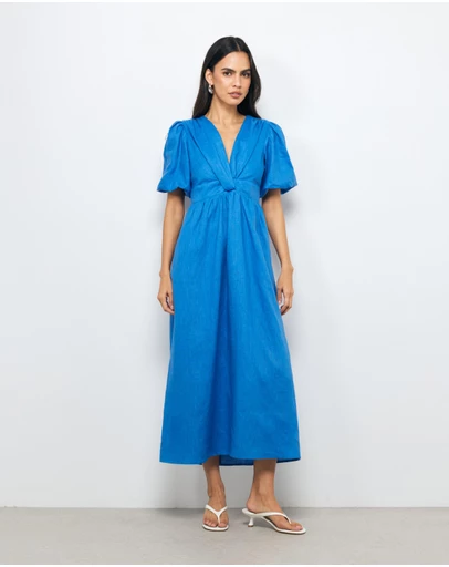 AERE - Ivy Puff Sleeve Linen Midi Dress