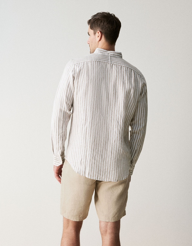 Trenery - Regular Fit Delave Linen Bold Stripe Shirt in Sahara