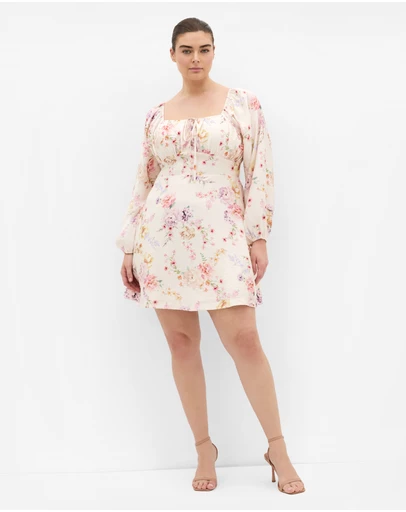 City Chic - Abbie Long Sleeve Floral Print Mini Dress - Ivory