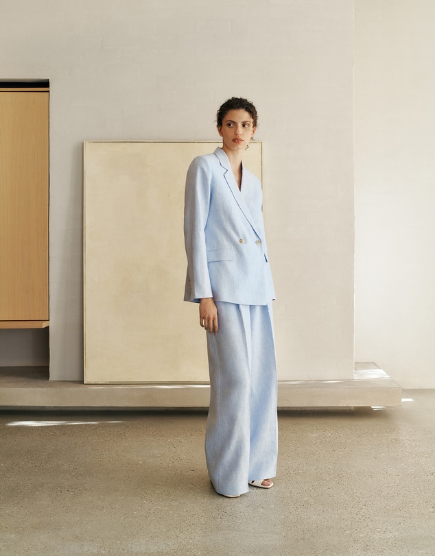 Trenery - Yarn Dyed Linen Pleat Detail Pant in Blue Marble