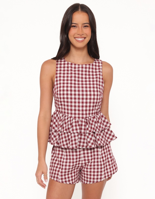 Petal & Pup - Landon Tiered Peplum Top - Burgundy Gingham