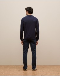 Trenery - Merino Graphic Stripe Long Sleeve Polo in Navy