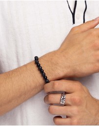 Nialaya Jewellery - Men's Wristband with Lava Stone, Matte Onyx and Black Logo Ball