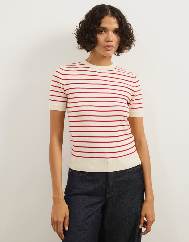 Atmos&Here - Short Sleeve Fine Knit Stripe Top