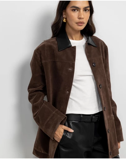 AERE - Contrast Collar Suede Look Jacket