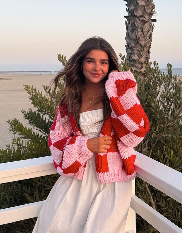 Beginning Boutique - Envi Pink And Red Checkered Knit Cardigan