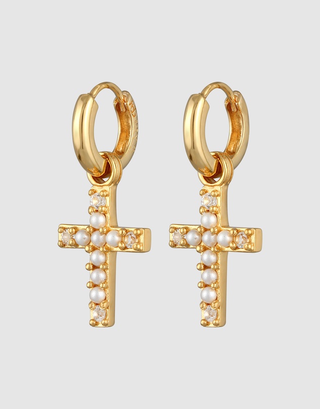 Haze & Glory - ICONIC EXCLUSIVE - Earrings Pearl Cross Gold Hoop in 925 Sterling Silver Gold Plated
