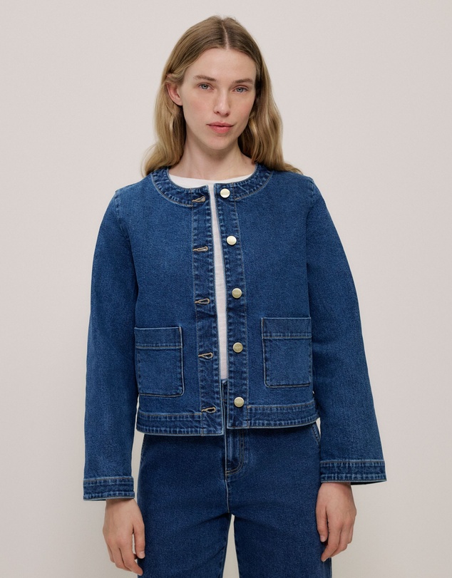 Trenery - Collarless Cropped Denim Jacket in Mid Blue