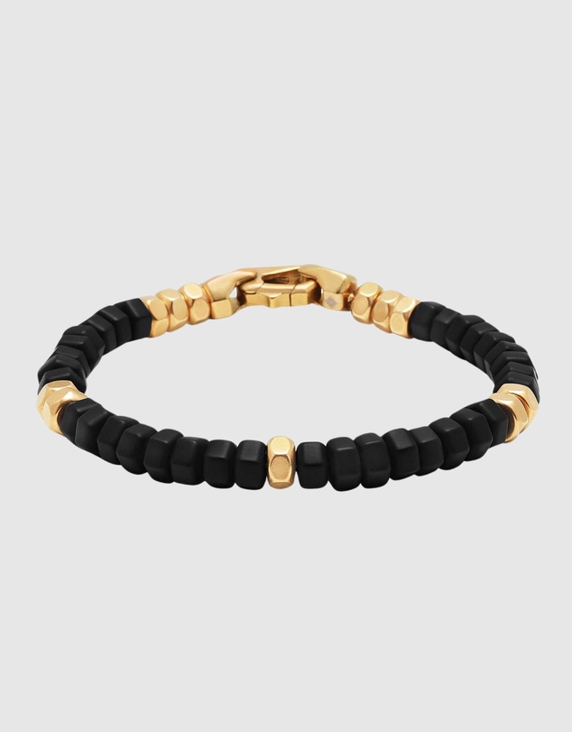 Nialaya Jewellery - Men's Hexagon Beaded Bracelet with Black Onyx and Gold