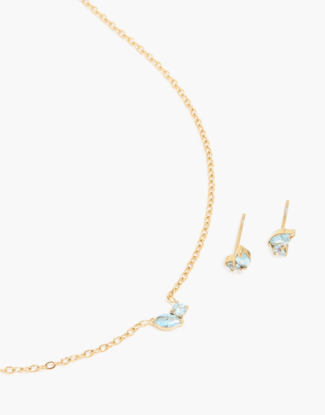 Lovisa - Waterproof Gold Plated Stainless Steel March Blue Cubic Zirconia Birthstone Necklace & Earrings Set