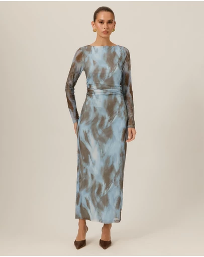 Tussah - Sophie Abstract Print Mesh LS Midi Dress