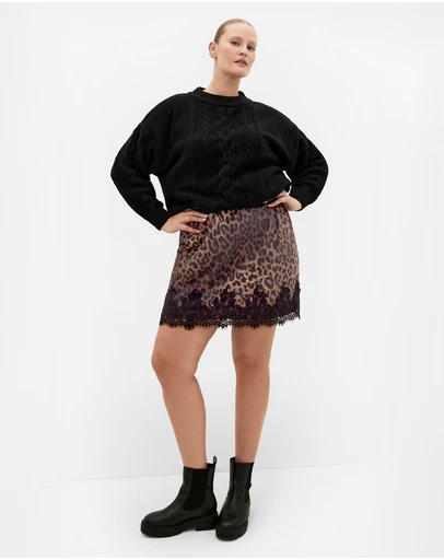 City Chic - Plus size Lace Trim Leopard Print Mini Skirt - chocolate