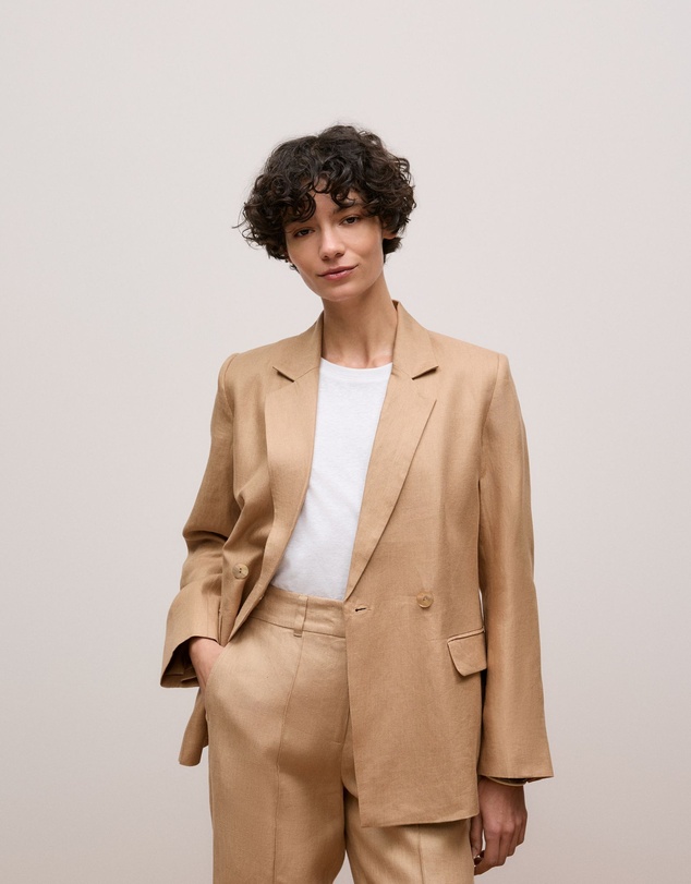 Trenery - Linen Twill Double Breasted Blazer in Light Camel