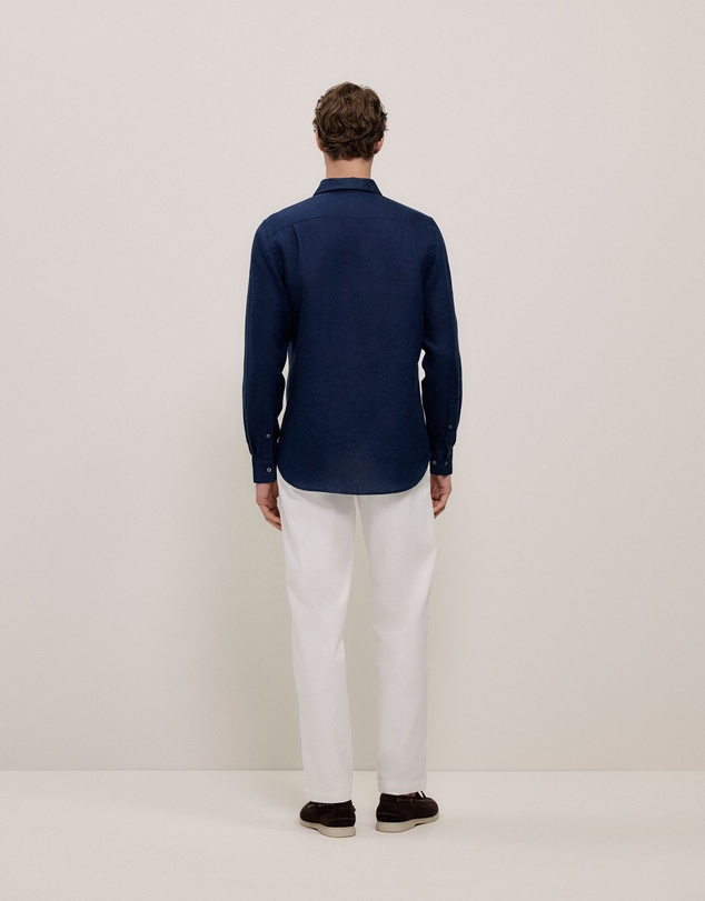 Trenery - Tailored Fit Linen Long Sleeve Shirt in Navy