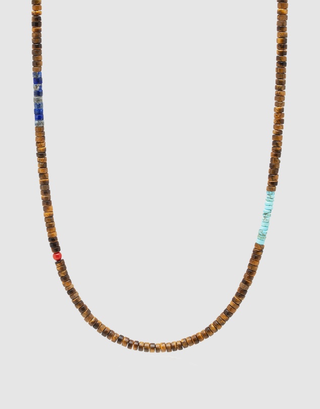Nialaya Jewellery - Brown Tiger Eye Heishi Necklace with Blue Lapis and Turquoise