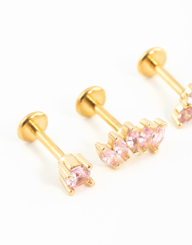 Lovisa - Gold Plated Surgical Steel Pink Cubic Zirconia Flower & Fan Flat Backs 3-Pack