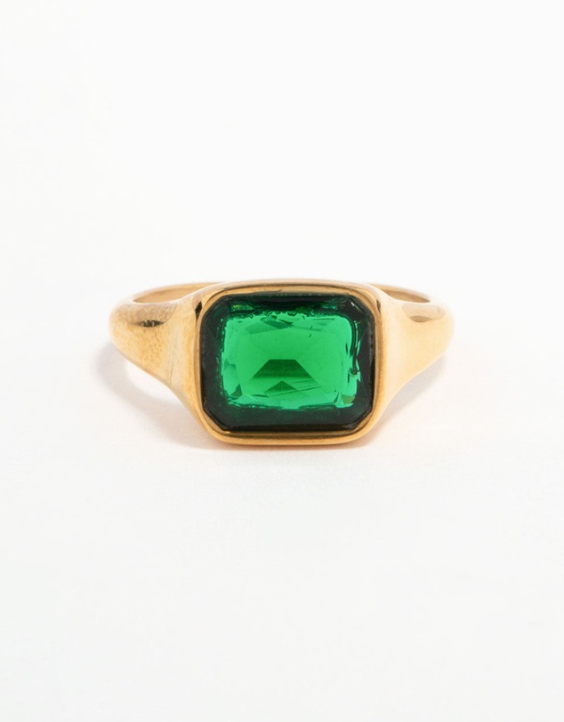 Lovisa - Waterproof Gold Plated Stainless Steel Opulent Green Cubic Zirconia Signet Ring