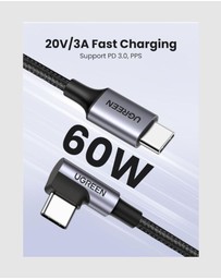 Ugreen - UGREEN 90 Degree Angle USB-C Male to USB-C Male 60W Braided Cable 1m