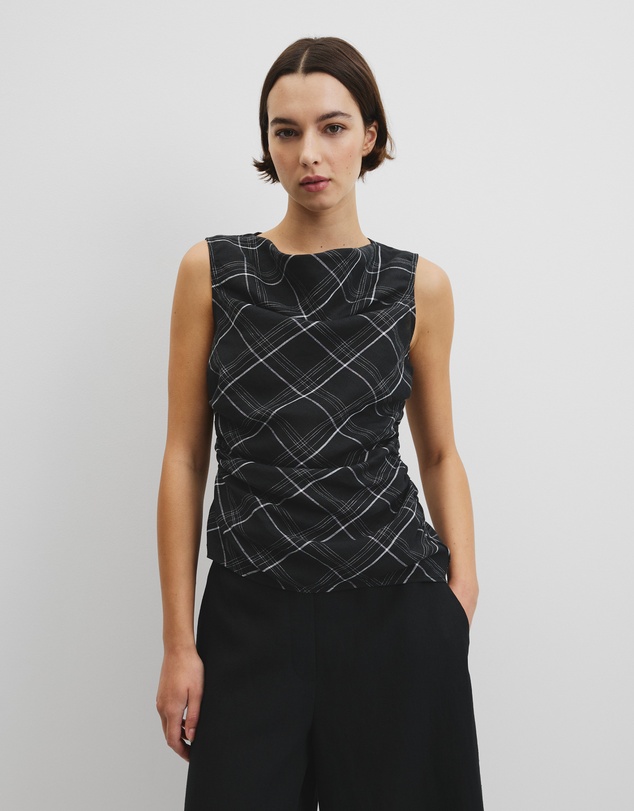 Country Road - Organically Grown Linen Check Ruched Linen Tank
