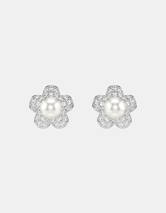 Swarovski - Ariana Grande x Swarovski Stud Earrings, Crystal Pearl, Round Cut, Flower, White, Rhodium Plated