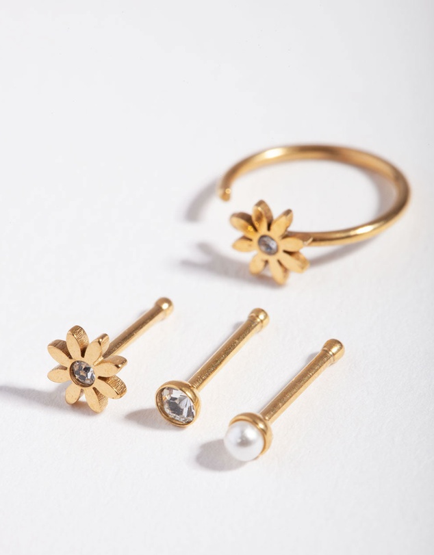 Lovisa - Surgical Steel Gold Flower Pearl Nose Stud 4-Pack