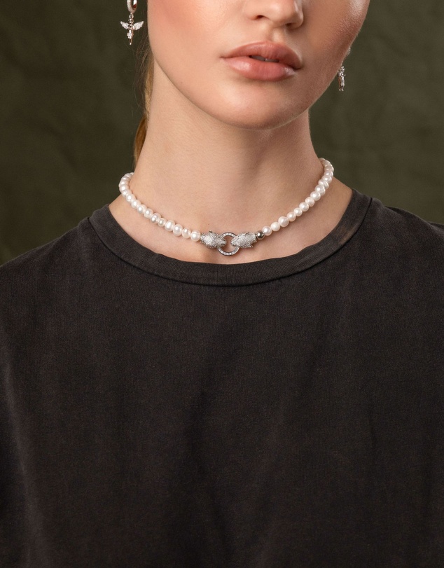 Nialaya Jewellery - Women's Pearl Choker with Silver Double Panther Head