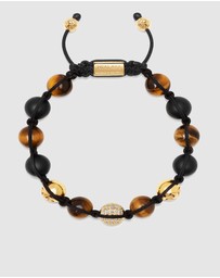 Nialaya Jewellery - Men's Beaded Bracelet with Gold, CZ Diamond, Matte Onyx, and Brown Tiger Eye
