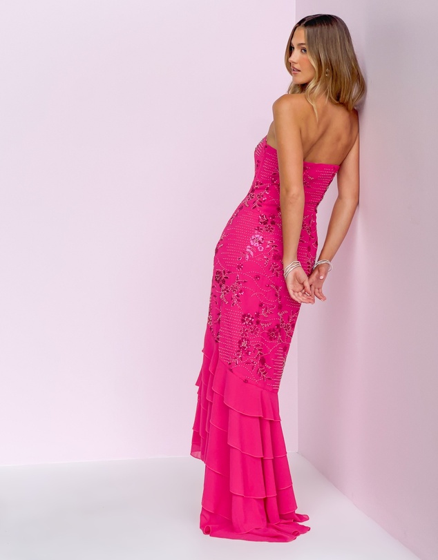 Beginning Boutique - Khai Pink Ruffle Maxi Scarf Beaded Dress