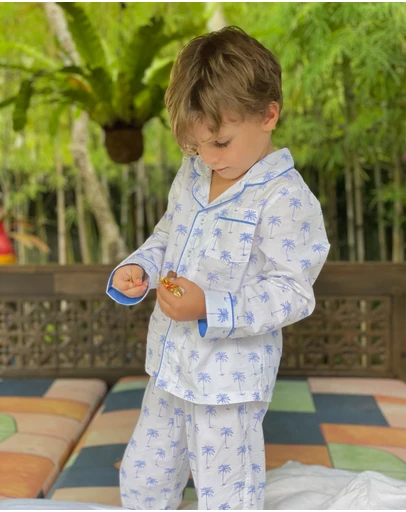 Sant And Abel - Kids Blue Palm Tree Long PJ Set