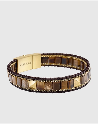 Nialaya Jewellery - Brown Tiger Eye Stud Bracelet