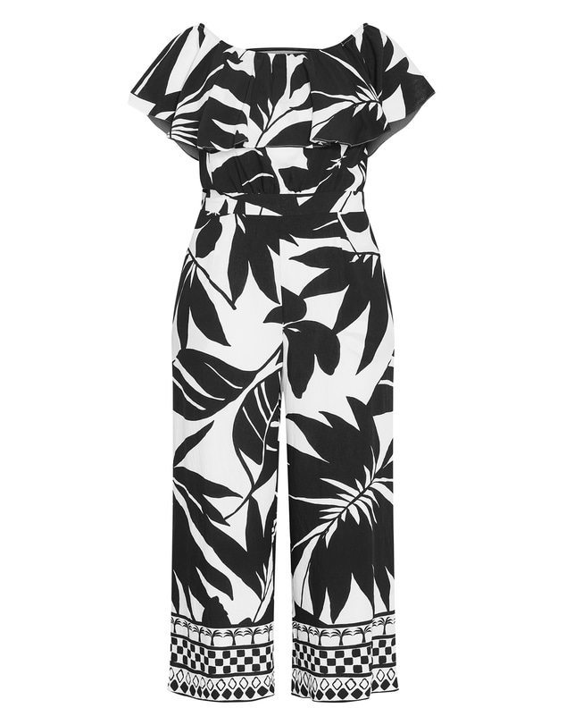 City Chic - Plus size Peta Border Oasis Print Jumpsuit - black