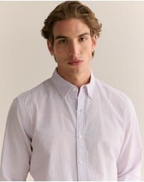 Trenery - Regular Fit Cotton Seersucker Stripe Shirt in Wedgewood Blue