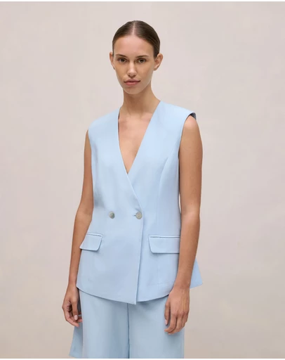 Trenery - Tailored Double Breasted Vest in Blue Marble