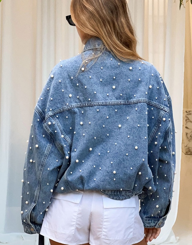 Beginning Boutique - Denim Dazzle Pearl Mid Wash Denim Jacket