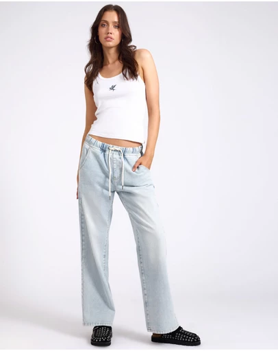 ONE TEASPOON - Roadhouse Mid Waist Wide Leg Drawstring Denim Jean - Blue Latte